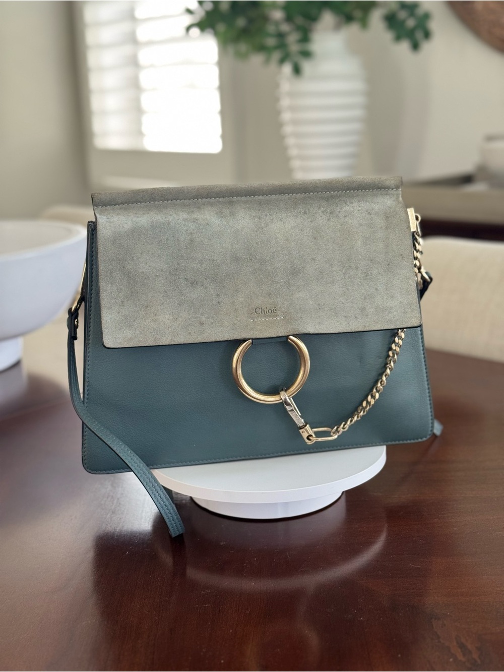 Chloé Large Faye Shoulder Bag Blue Gray Leather Suede w/ COA